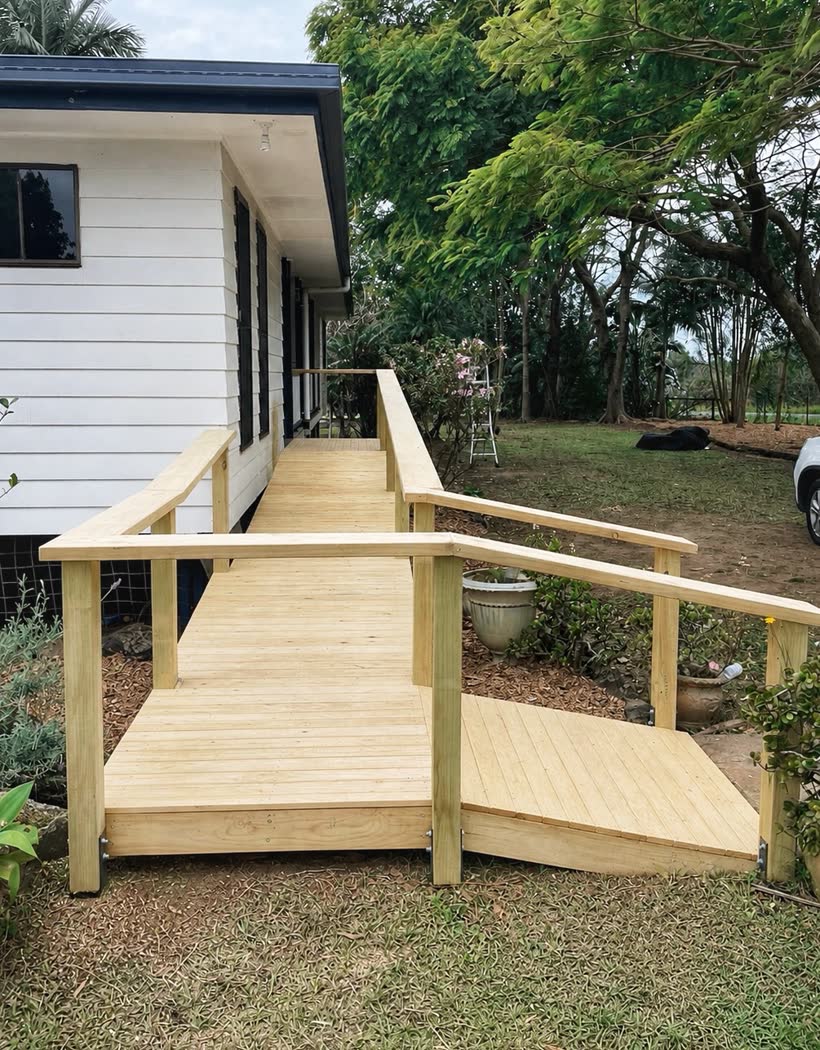 New treated pine ramp and landing with handrails on both sides